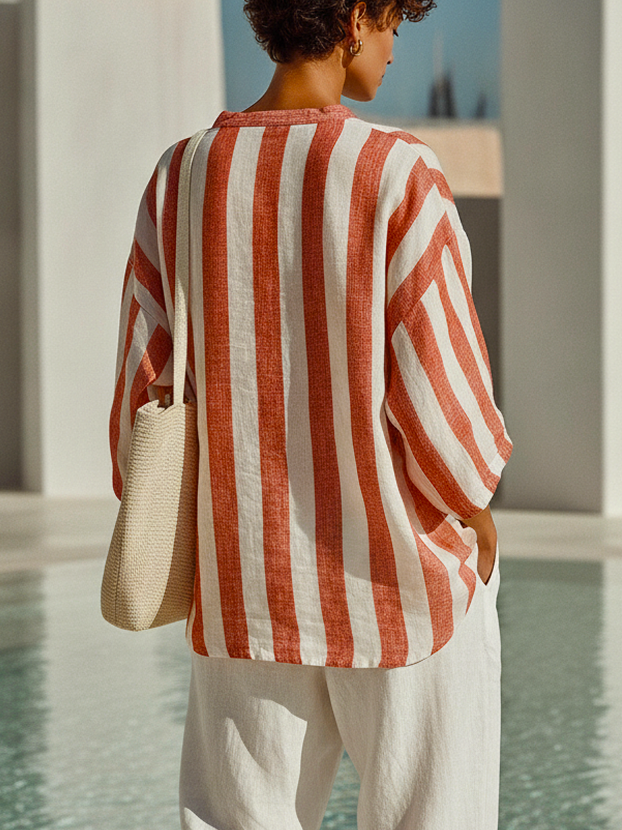 Savannah | Striped Linen V-Neck Oversized Top