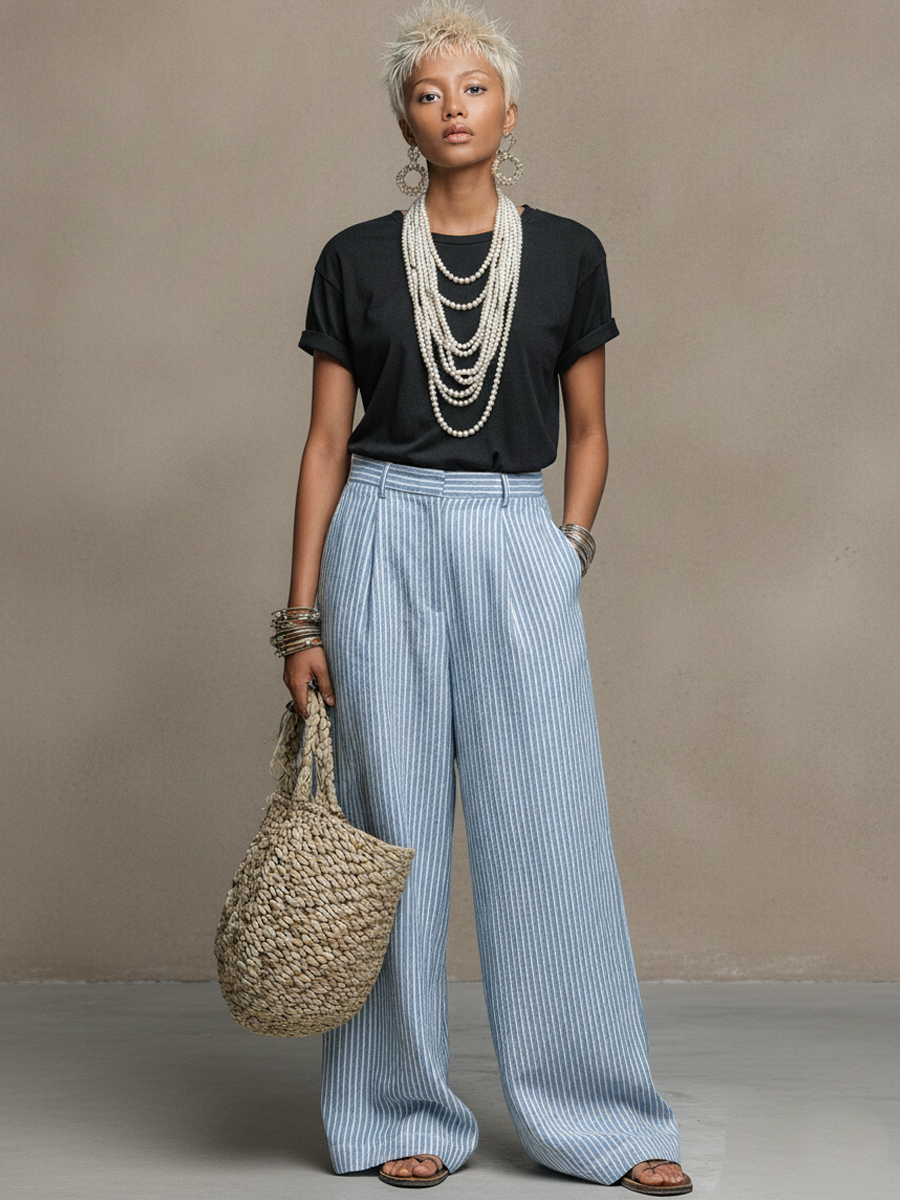 Grace | Striped Linen High-Waist Pleated Wide-Leg Trousers