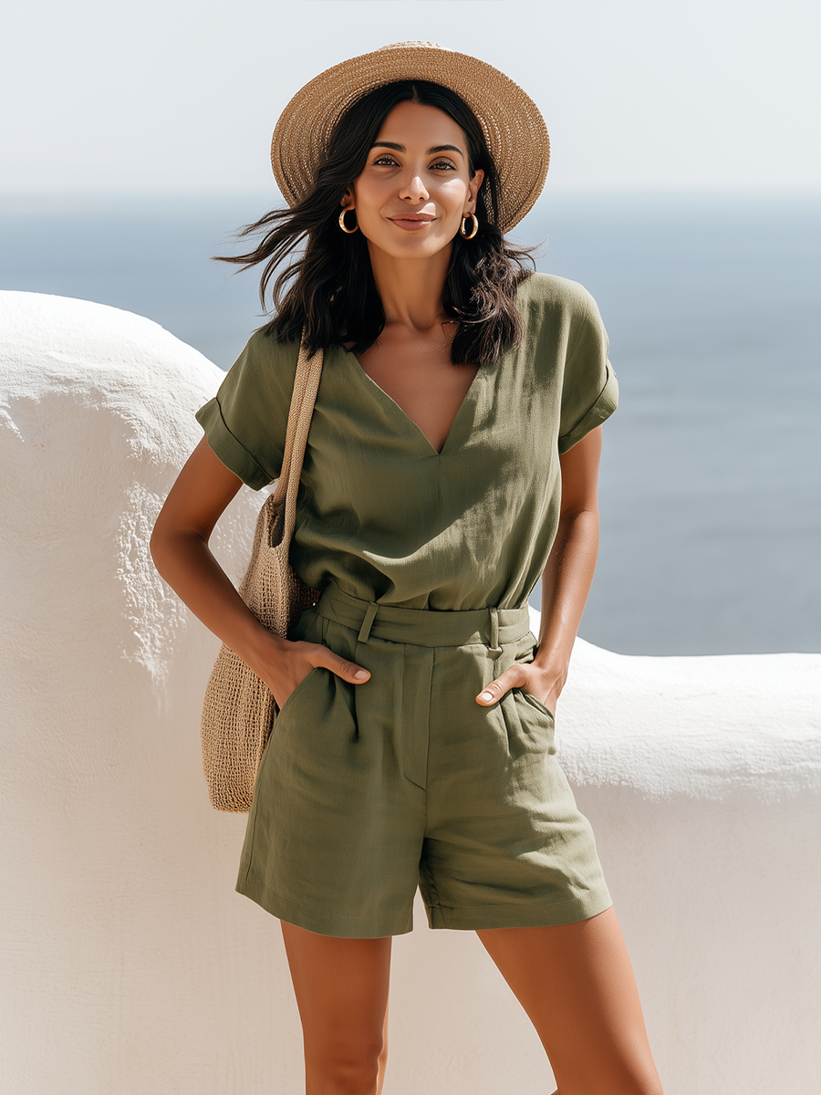 Solene | Linen V-Neck Shorts Co-ord Set