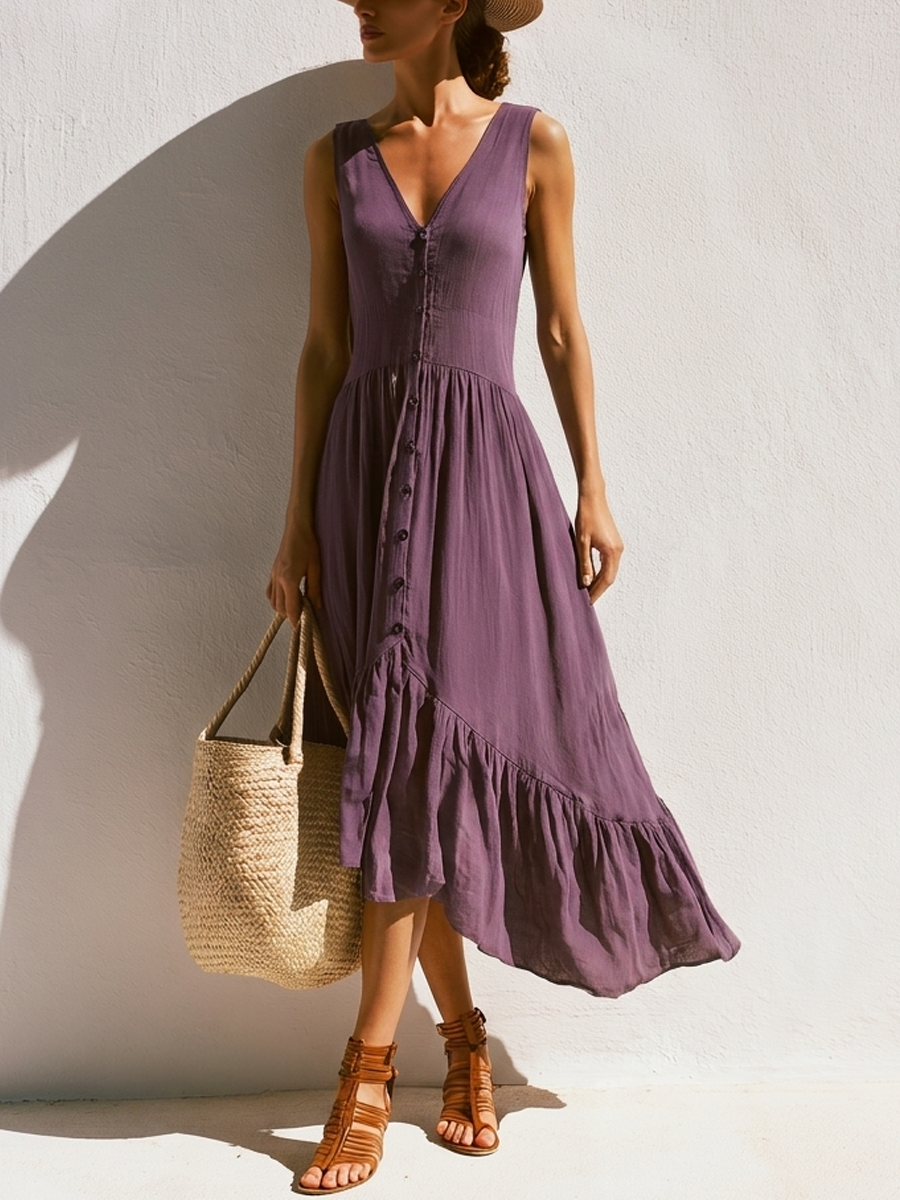 Linnea | Linen V-Neck Button-Front Ruffle Midi Dress