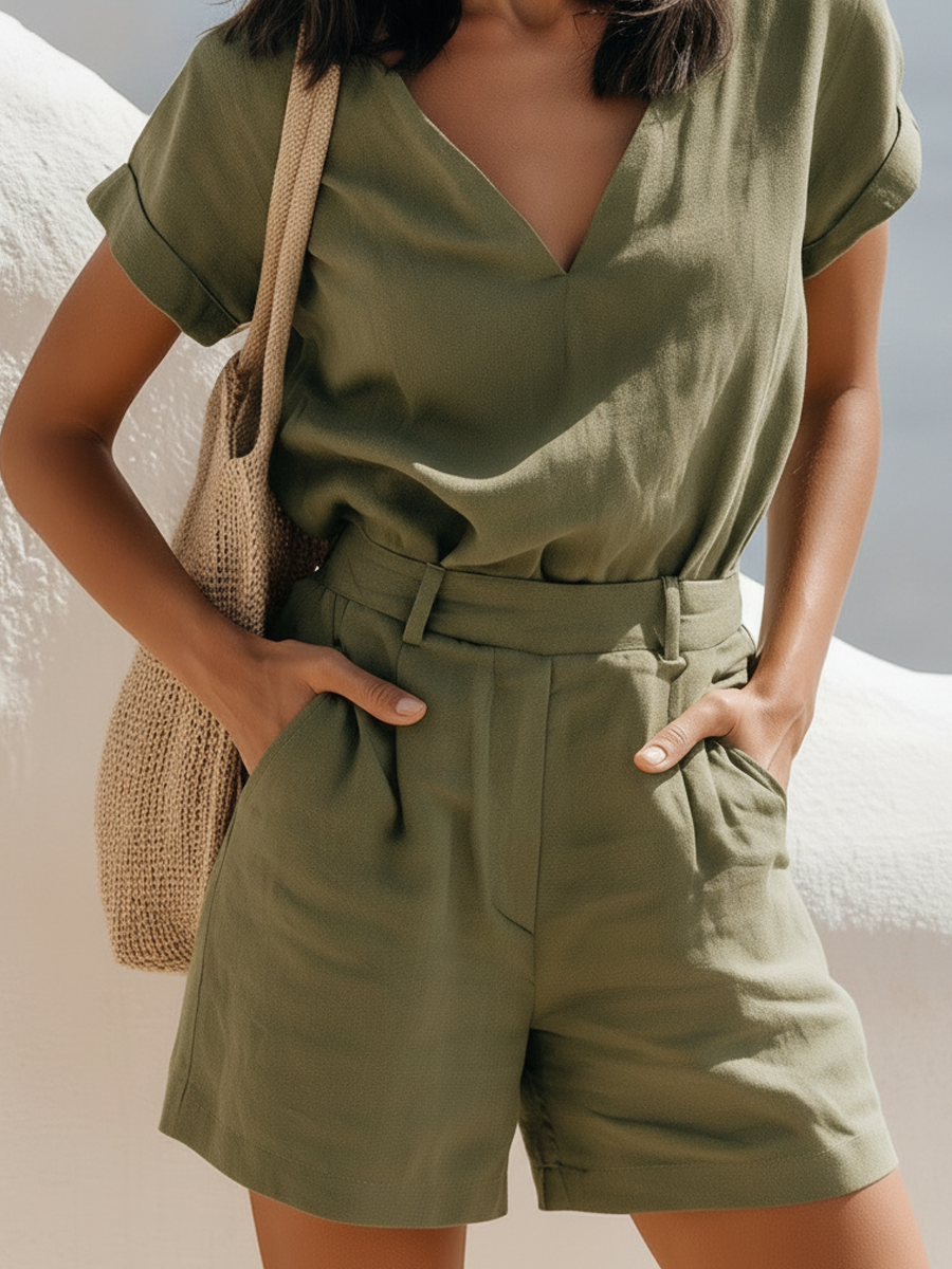 Solene | Linen V-Neck Shorts Co-ord Set