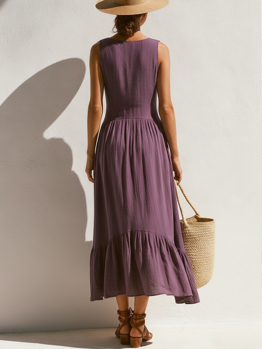 Linnea | Linen V-Neck Button-Front Ruffle Midi Dress