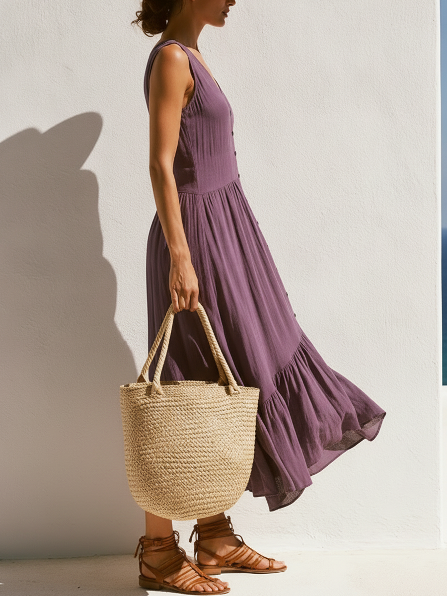 Linnea | Linen V-Neck Button-Front Ruffle Midi Dress