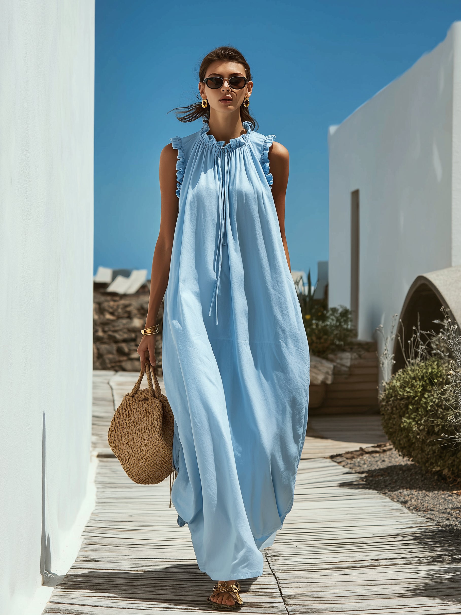 Emma | Ruffle Neck Tie-Front Maxi Dress