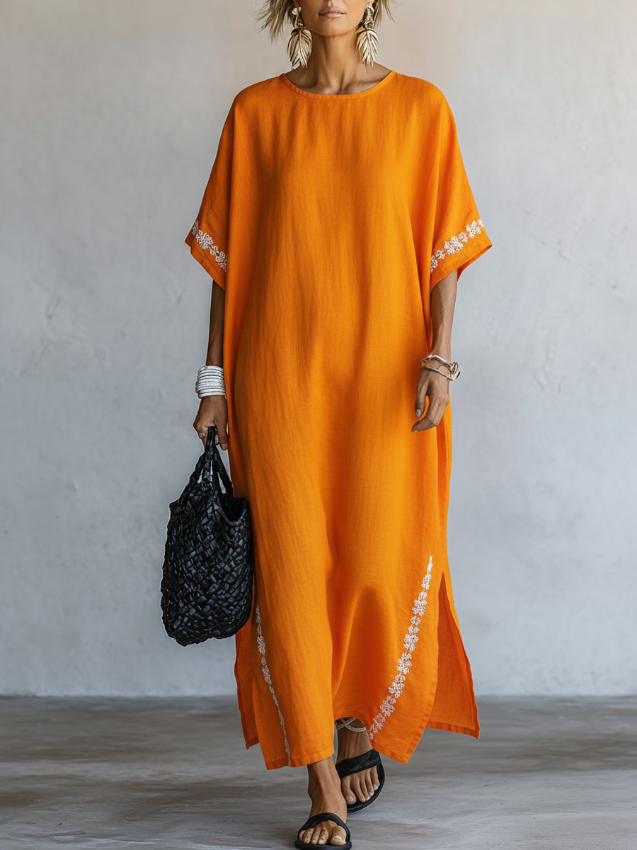 Naomi | Linen Embroidered Round-Neck Side-Slit Kaftan Maxi Dress