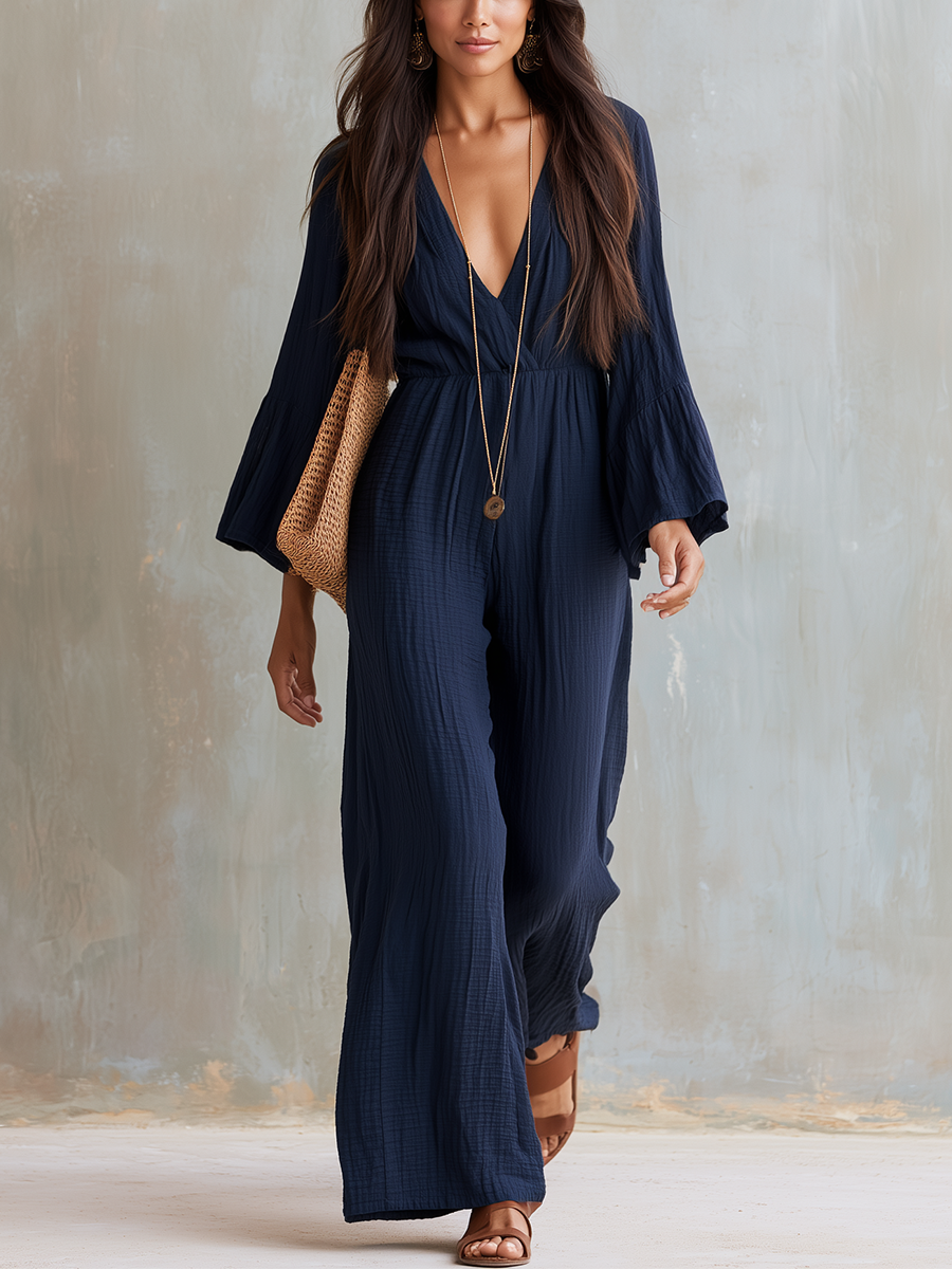 Lennon | Cotton V-Neck Wide-Leg Jumpsuit