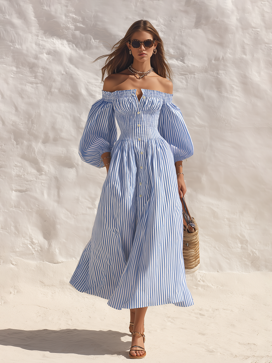 Lana | Off-Shoulder Balloon Sleeve Striped Maxi Dress