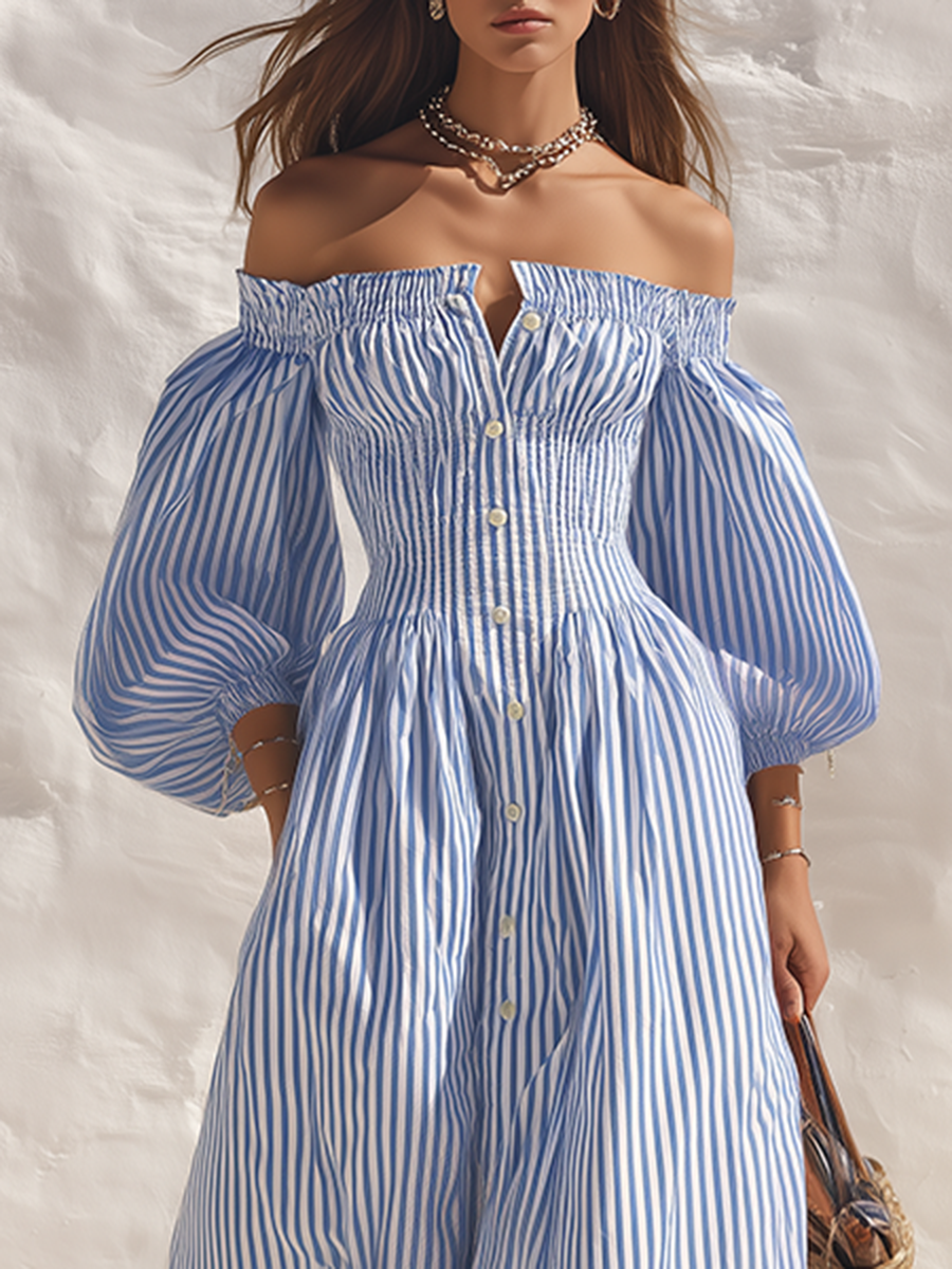 Lana | Off-Shoulder Balloon Sleeve Striped Maxi Dress