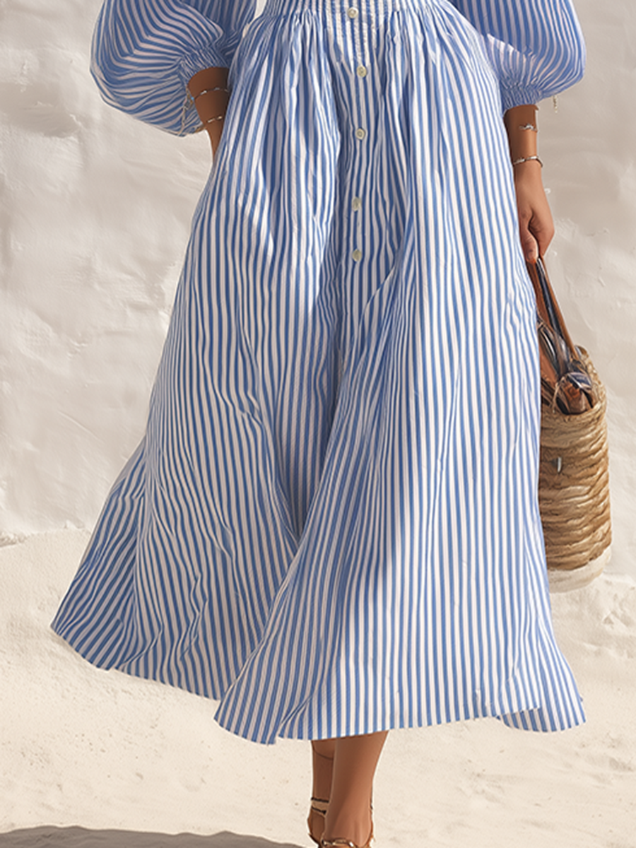 Lana | Off-Shoulder Balloon Sleeve Striped Maxi Dress