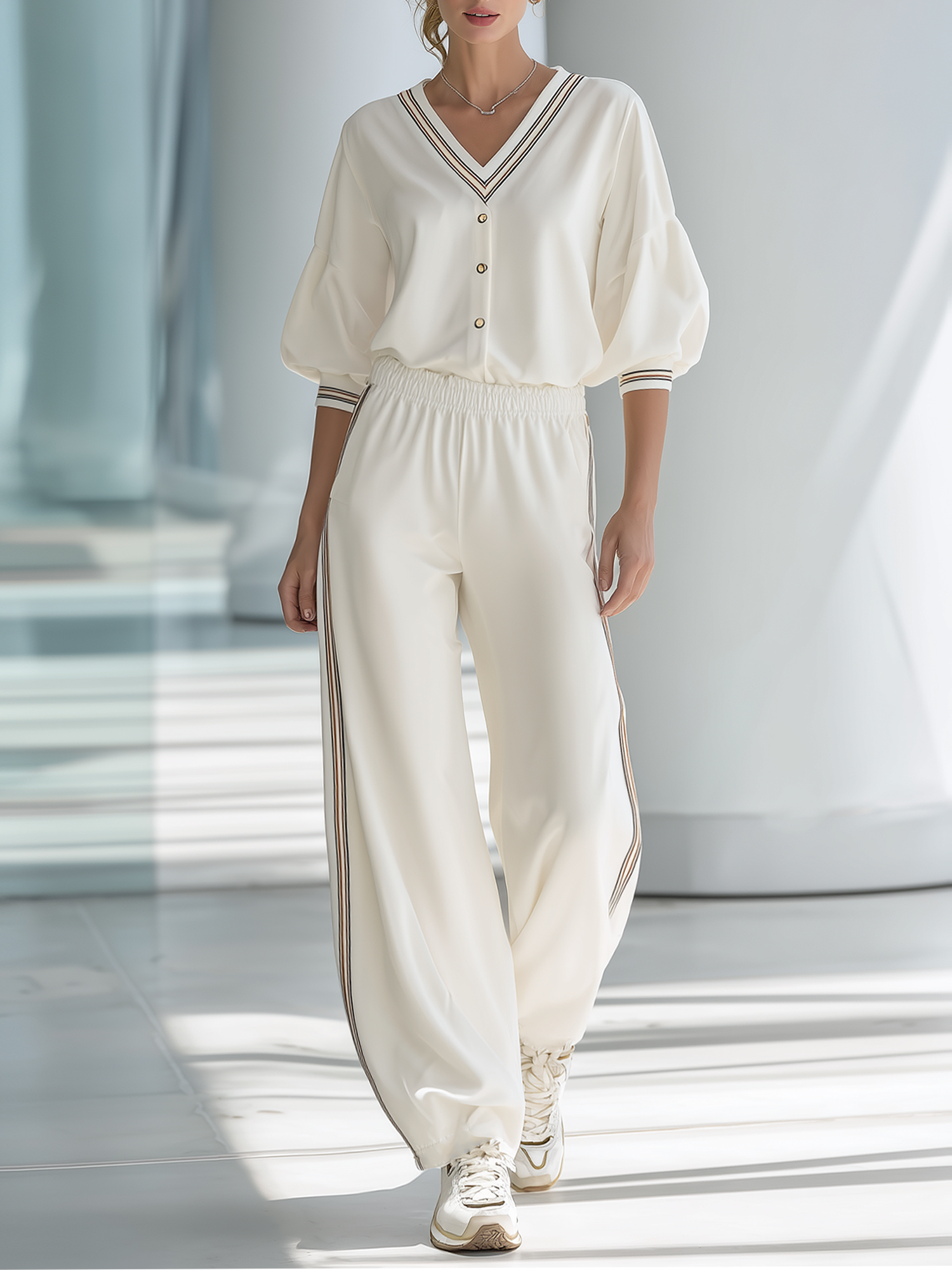 Annette | Striped Trim Balloon Sleeve Co-ord Set
