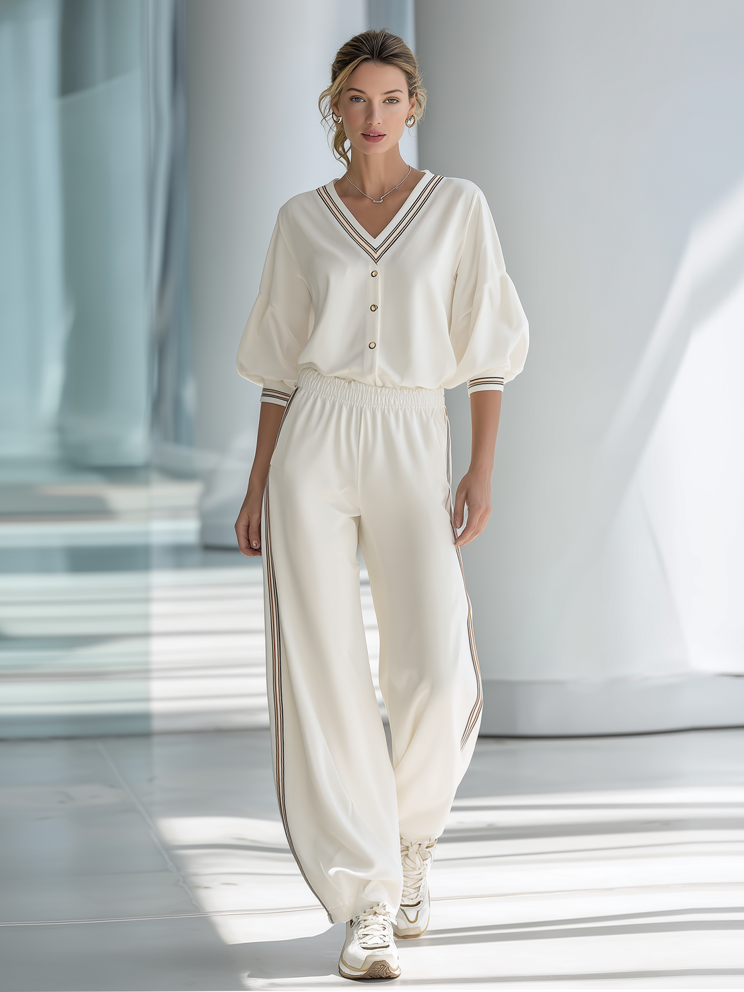 Annette | Striped Trim Balloon Sleeve Co-ord Set