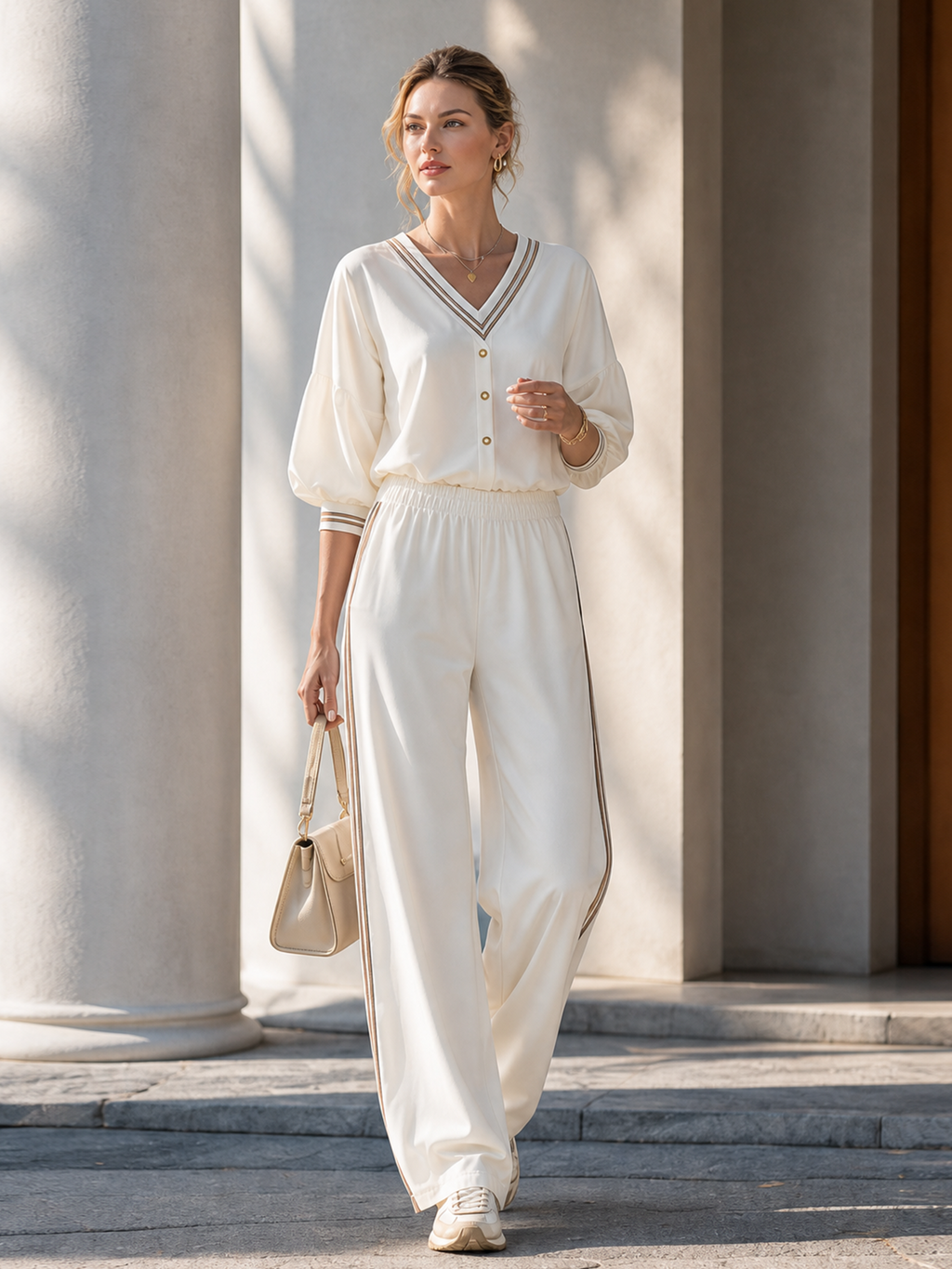 Annette | Striped Trim Balloon Sleeve Co-ord Set