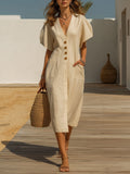 Penelope | Linen V-Neck Button-Front Midi Dress