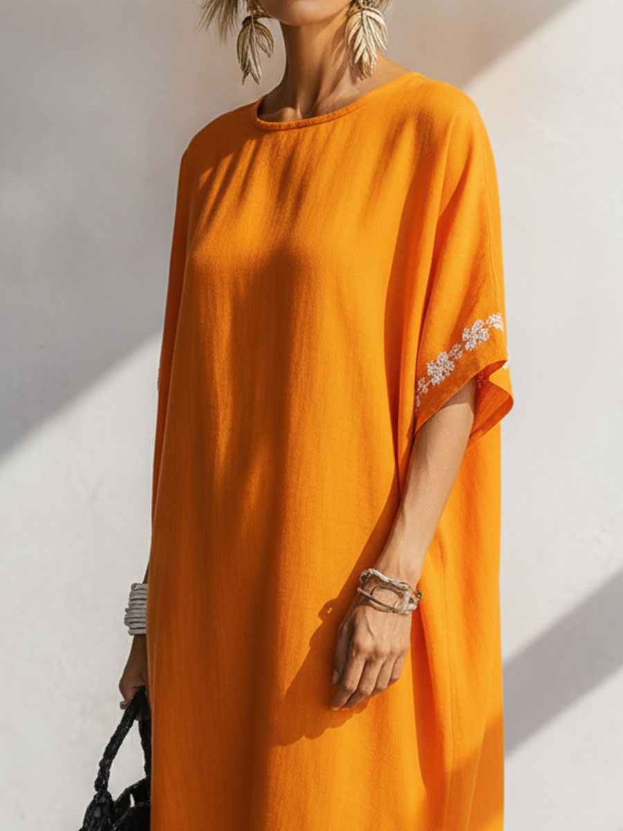 Naomi | Linen Embroidered Round-Neck Side-Slit Kaftan Maxi Dress