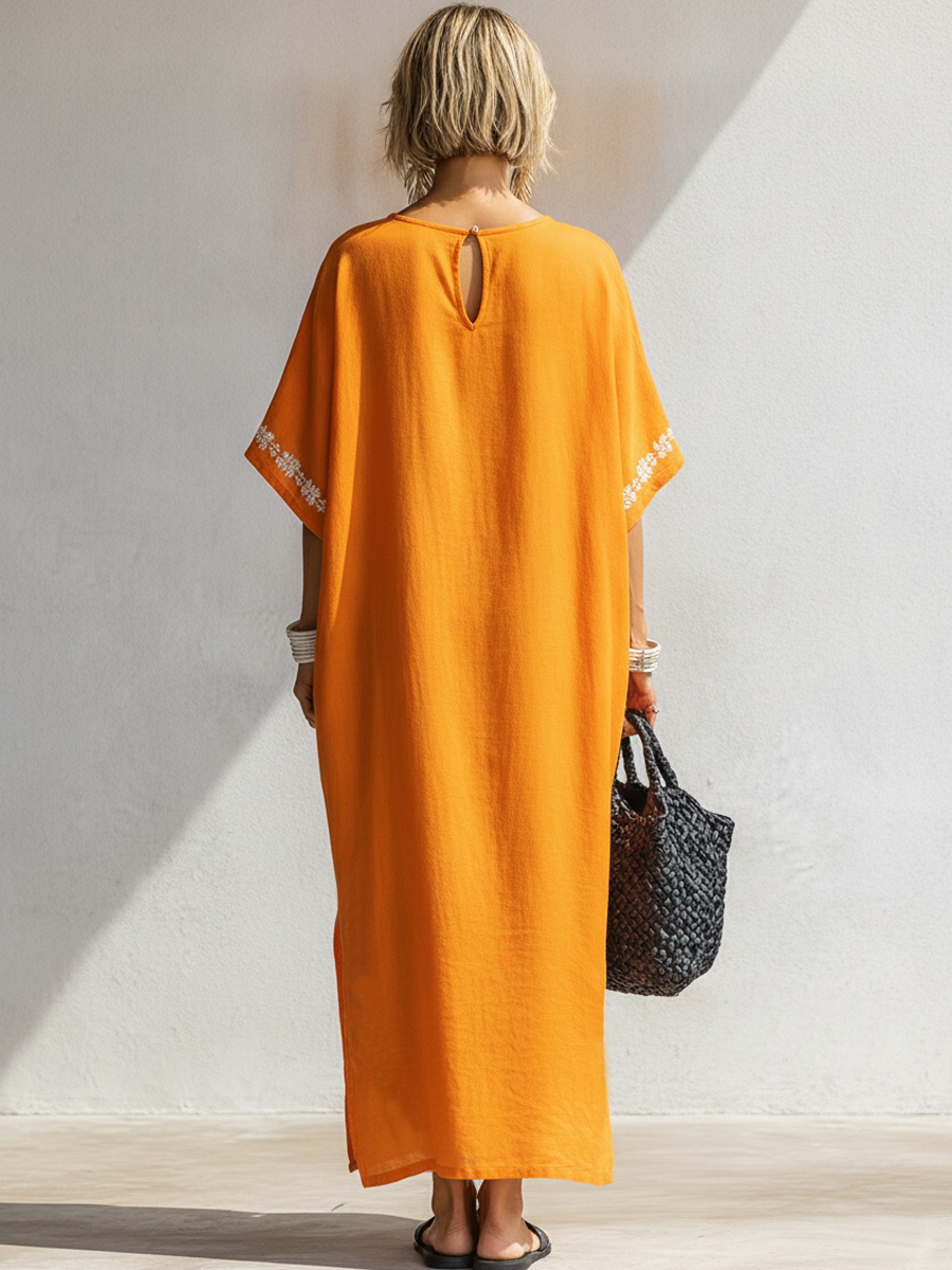 Naomi | Linen Embroidered Round-Neck Side-Slit Kaftan Maxi Dress