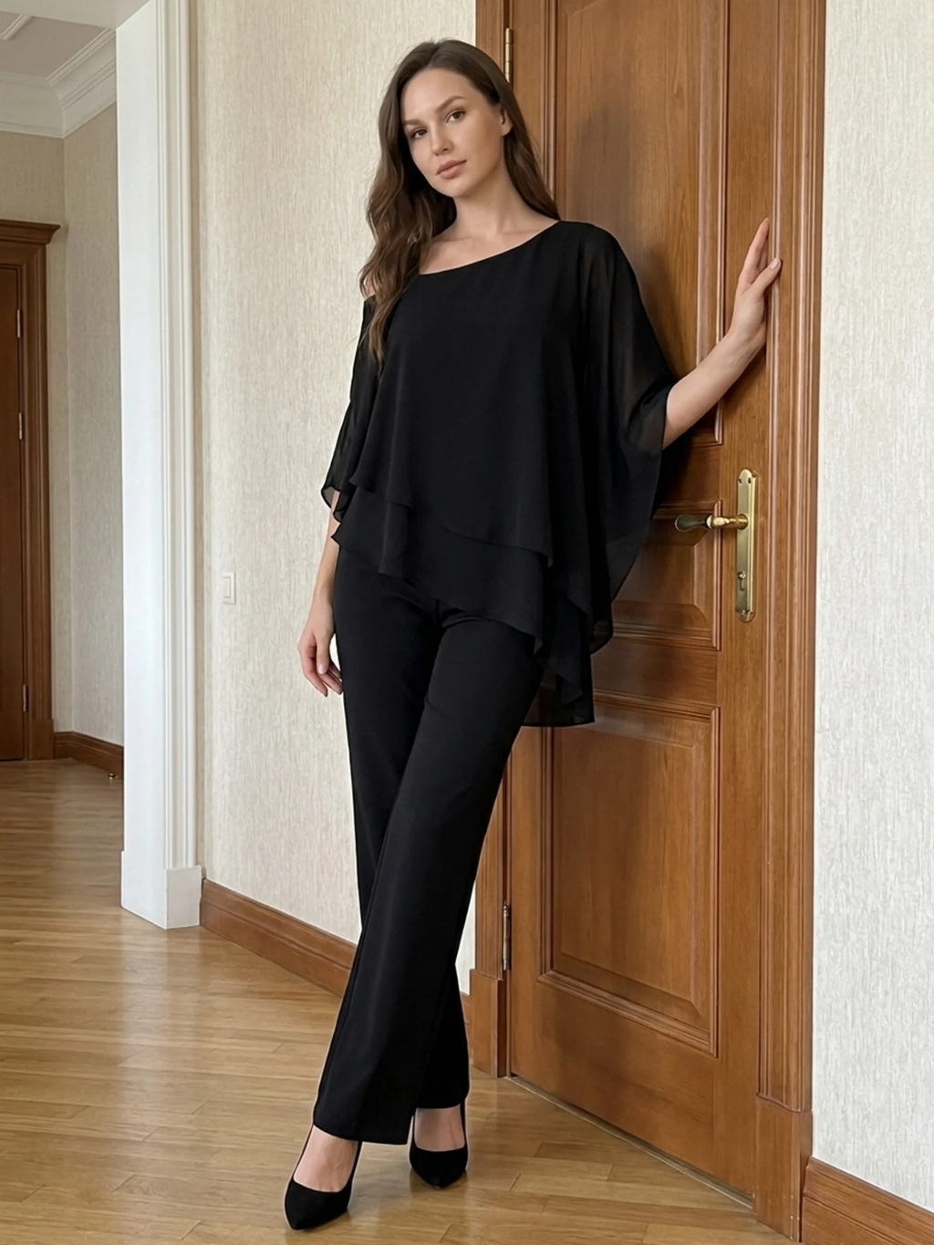 CASSIA Women's Cold Shoulder Overlay Top and Trouser Set