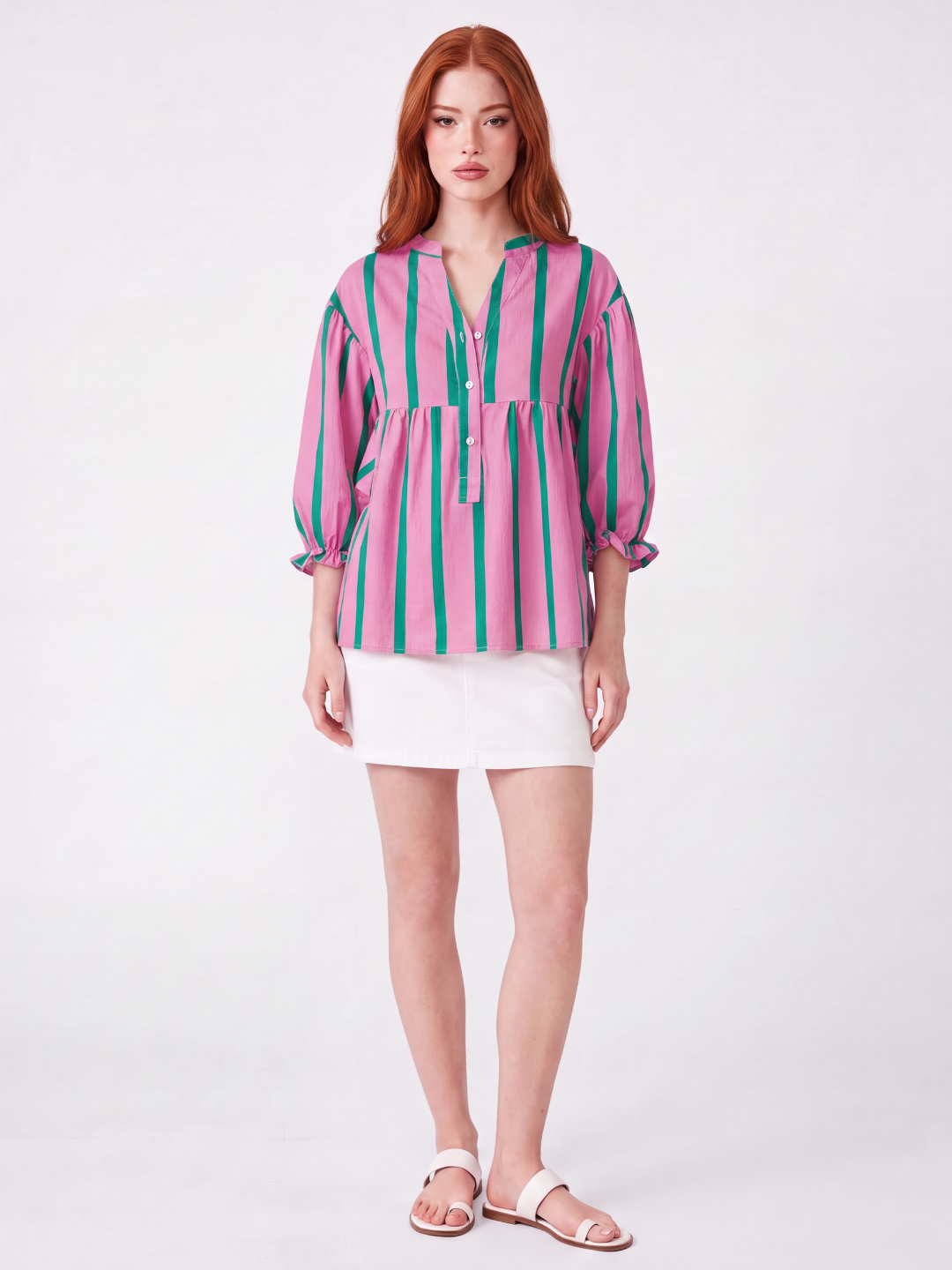 CALLA Women's Striped Notch-Neck Button-Front Peplum Blouse