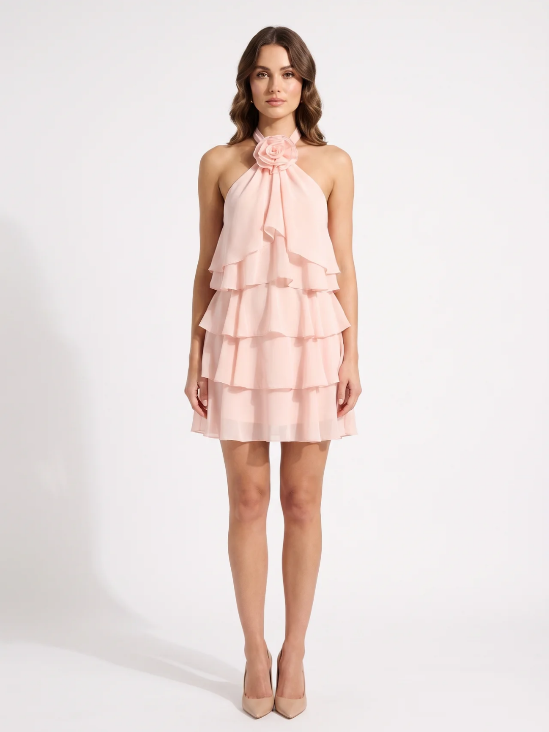 Evelyn | Halter Rosette Ruffle Tiered Mini Dress