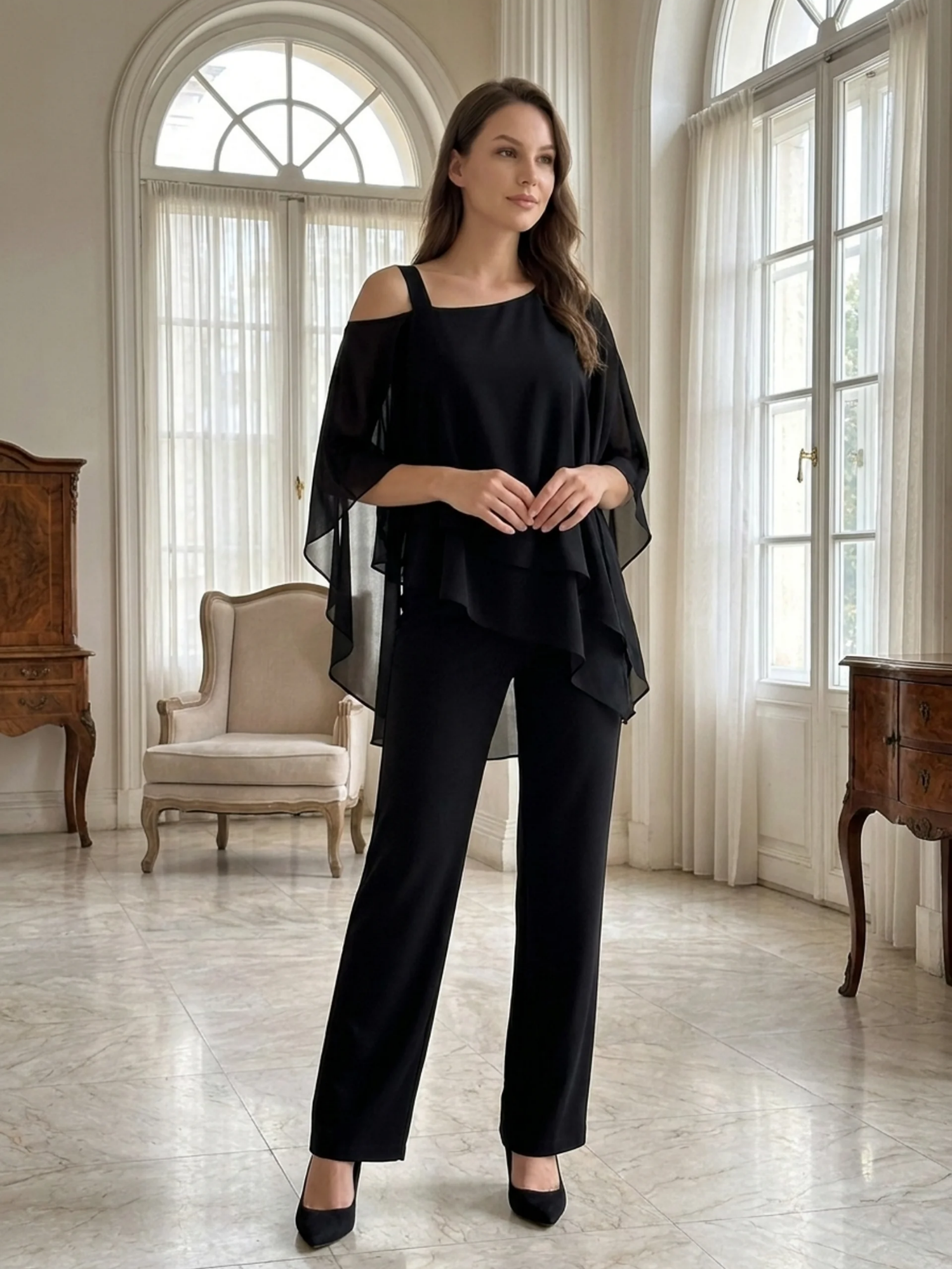 CASSIA Women's Cold Shoulder Overlay Top and Trouser Set