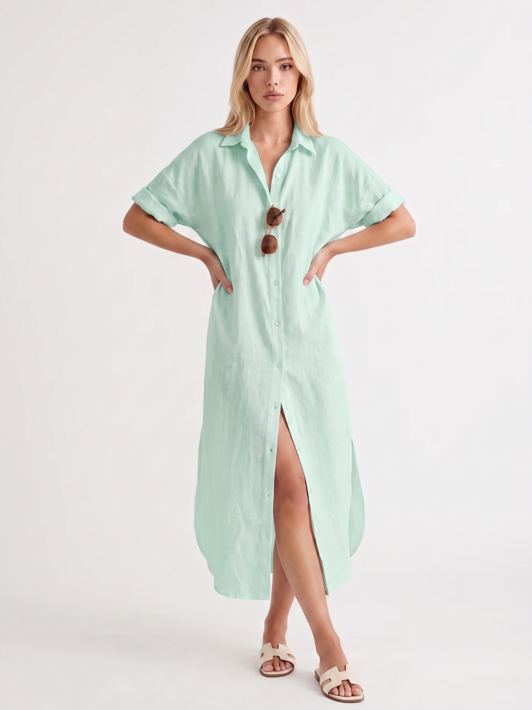 CHARLEIGH Women's Short Sleeve Linen Button-Front Maxi Shirt Dress