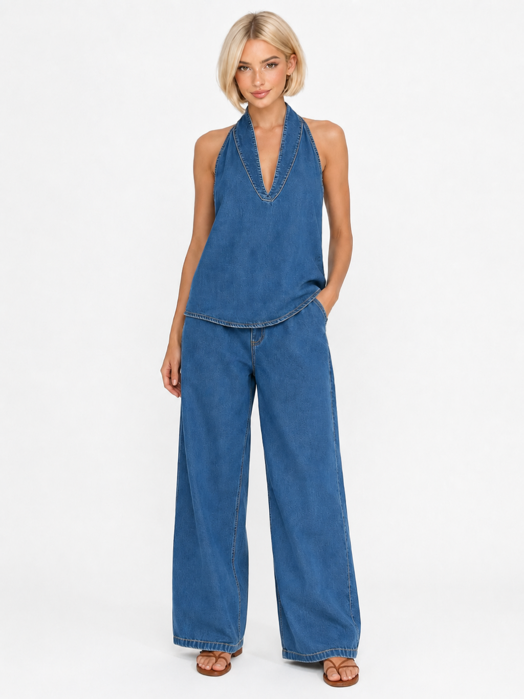 DARIA Women's Halter Neck Denim Top and Wide Leg Trouser Set