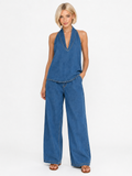 DARIA Women's Halter Neck Denim Top and Wide Leg Trouser Set