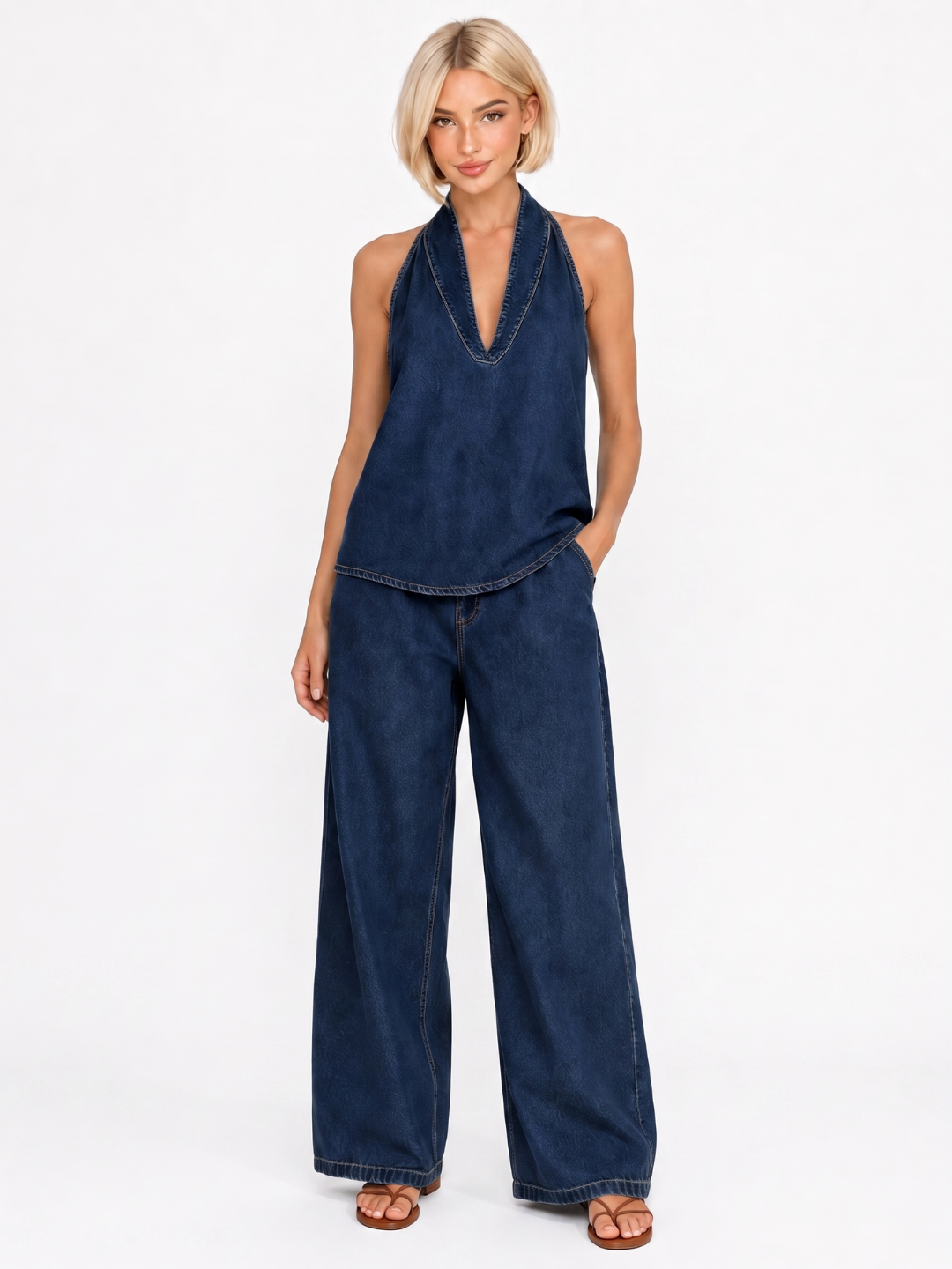 DARIA Women's Halter Neck Denim Top and Wide Leg Trouser Set