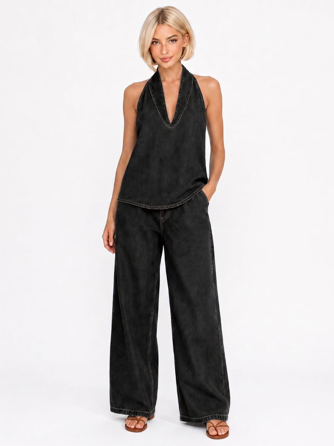 DARIA Women's Halter Neck Denim Top and Wide Leg Trouser Set