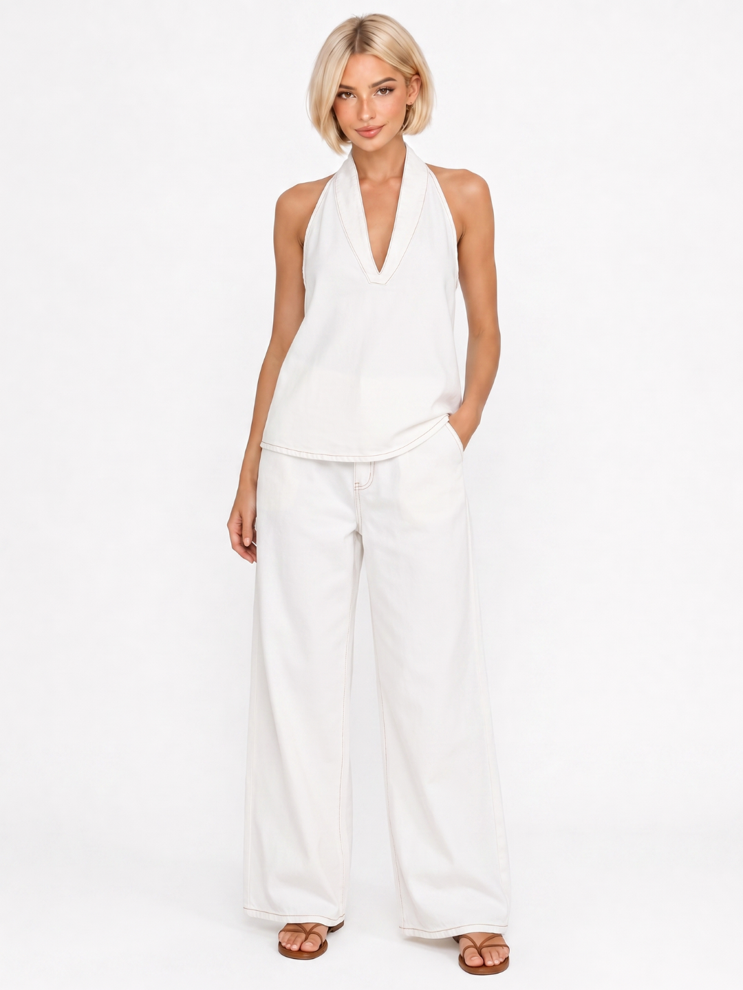 DARIA Women's Halter Neck Denim Top and Wide Leg Trouser Set