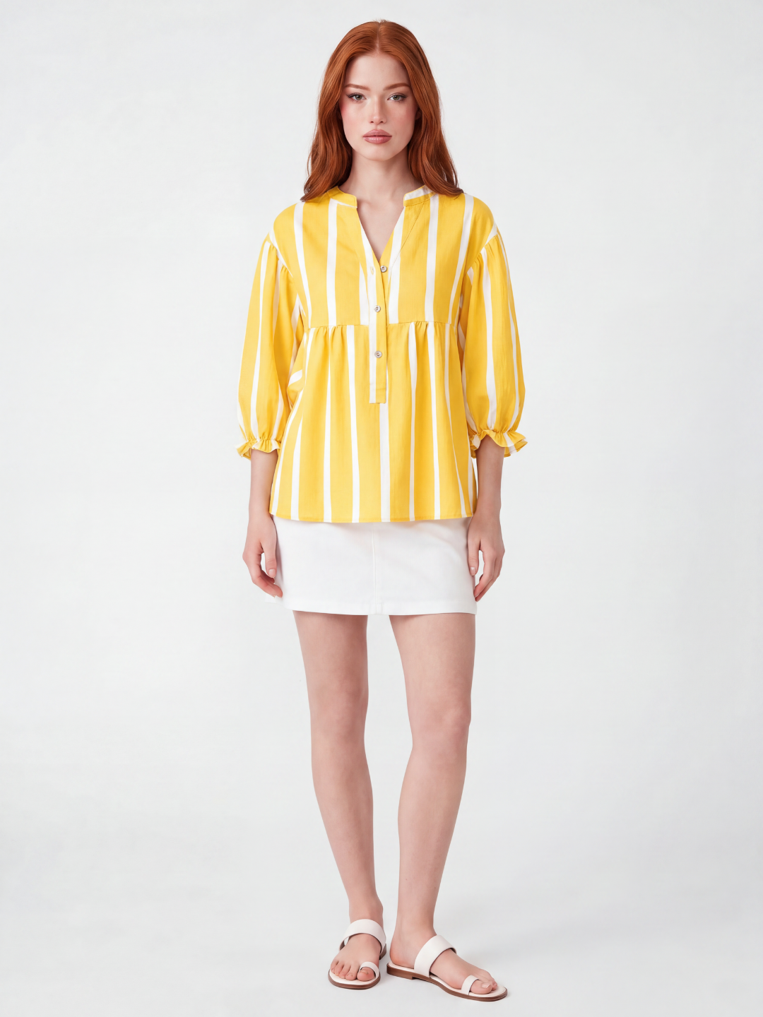 CALLA Women's Striped Notch-Neck Button-Front Peplum Blouse