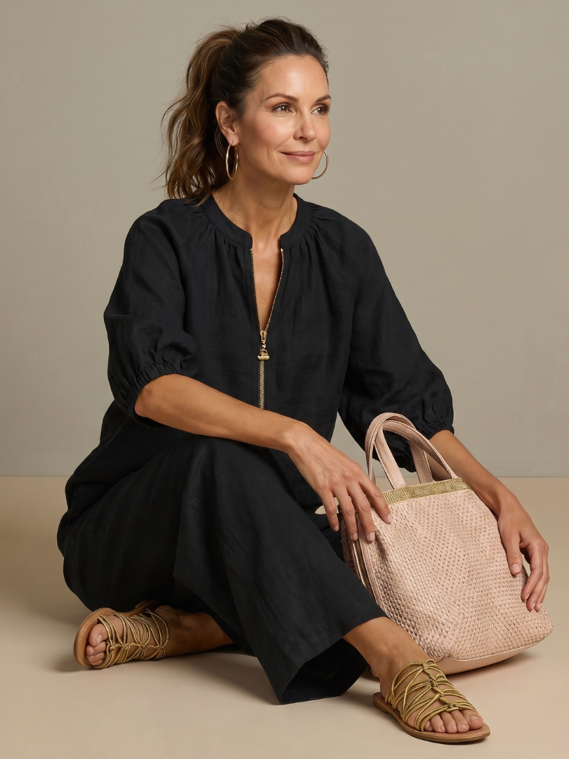 Marlene | Linen Zip-Front Balloon-Sleeve Co-ord Set
