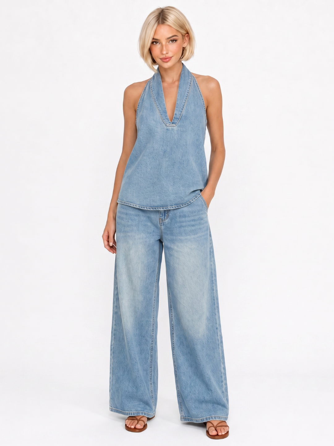 DARIA Women's Halter Neck Denim Top and Wide Leg Trouser Set