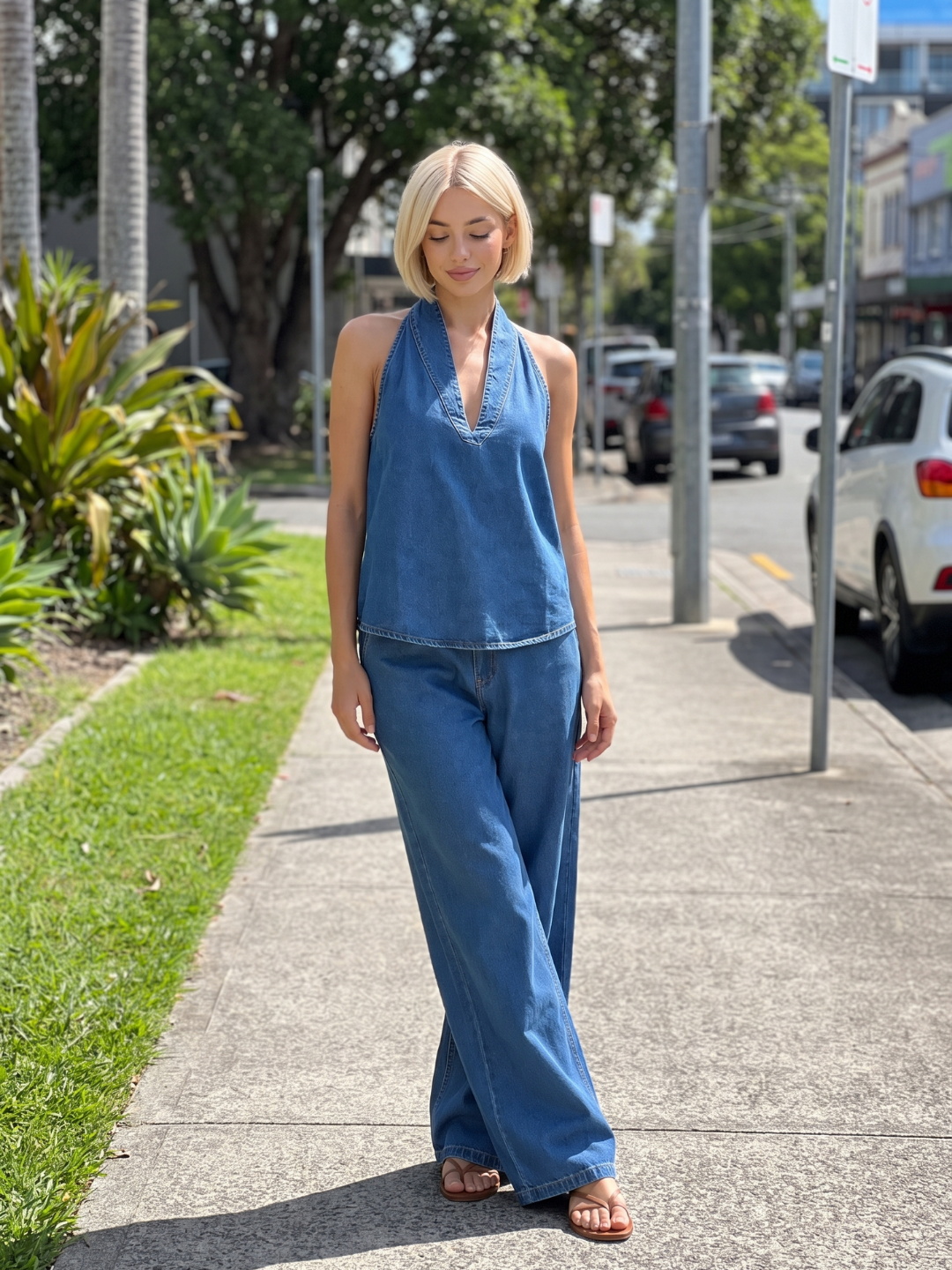 DARIA Women's Halter Neck Denim Top and Wide Leg Trouser Set