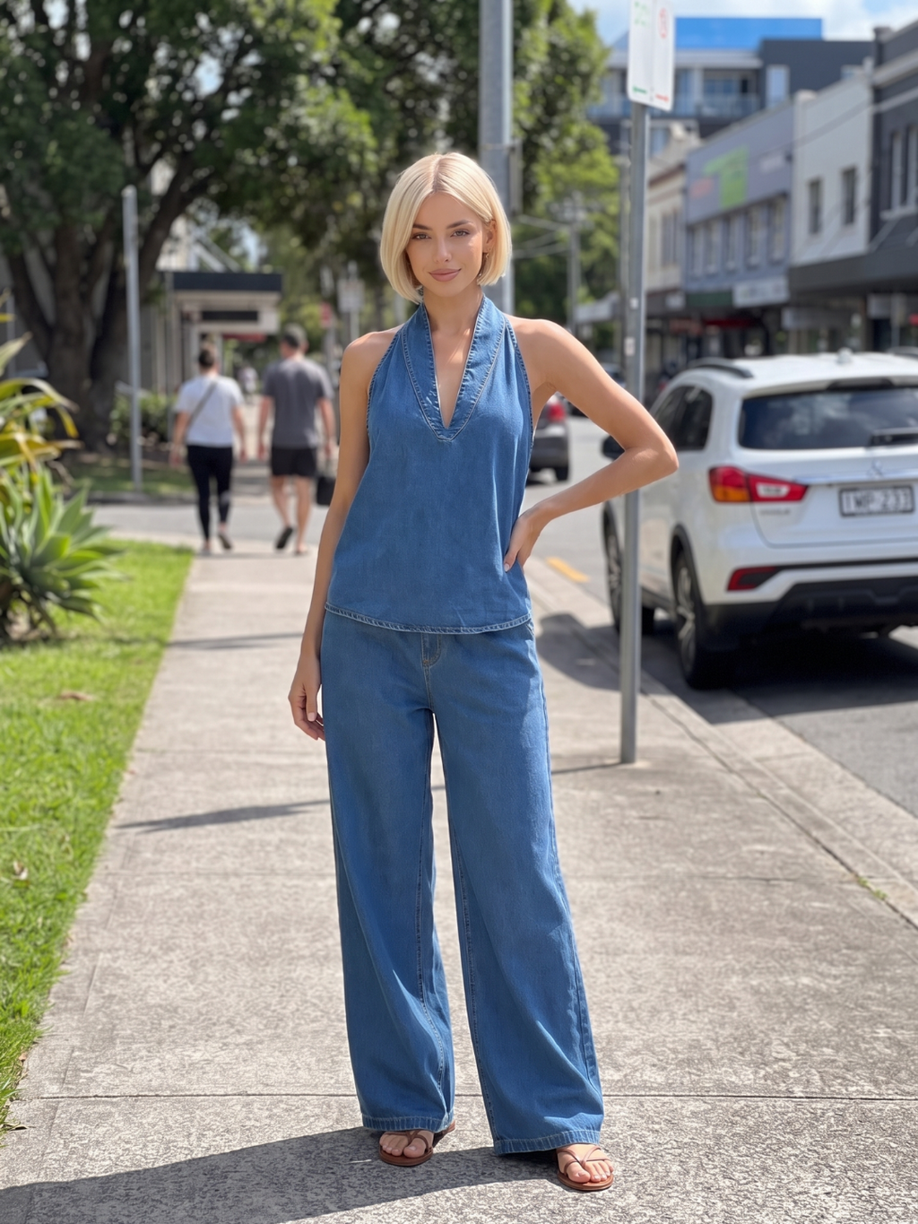DARIA Women's Halter Neck Denim Top and Wide Leg Trouser Set