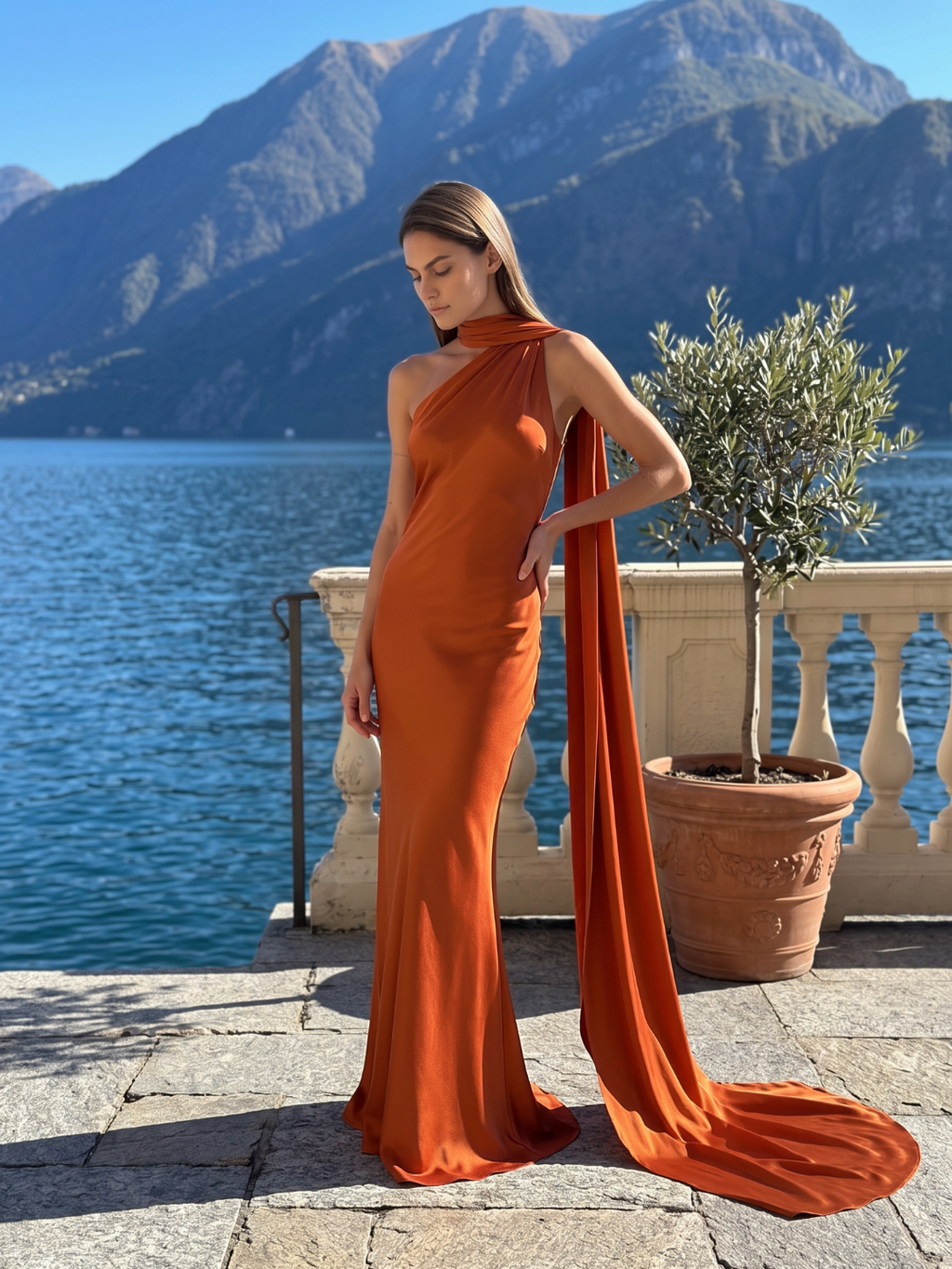 Willa | Scarf Halter One Shoulder Satin Maxi Dress