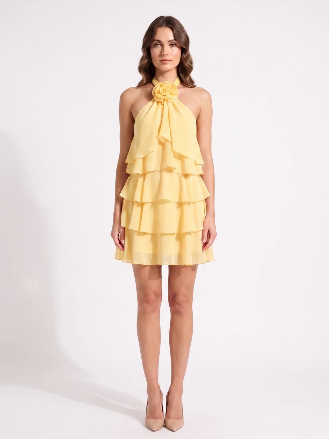 Evelyn | Halter Rosette Ruffle Tiered Mini Dress