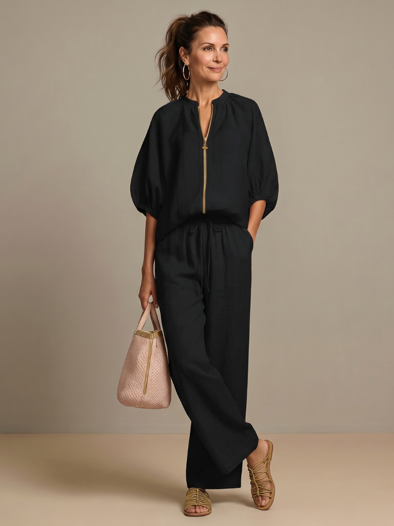 Marlene | Linen Zip-Front Balloon-Sleeve Co-ord Set