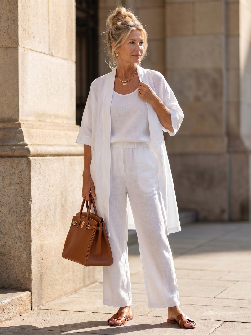 Delaney | Linen Tank Wide-Leg Pant Kimono 3-Piece Co-ord Set