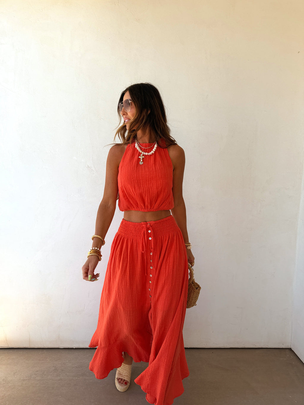 Brooklyn | Cotton Gauze Halter Crop Top Button Maxi Skirt Co-ord Set