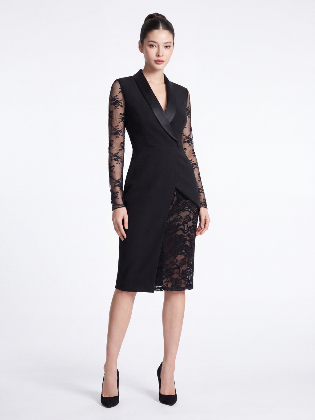 Vivienne | Lace Sleeve Tuxedo Midi Dress