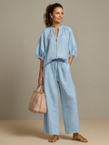 Marlene | Linen Zip-Front Balloon-Sleeve Co-ord Set