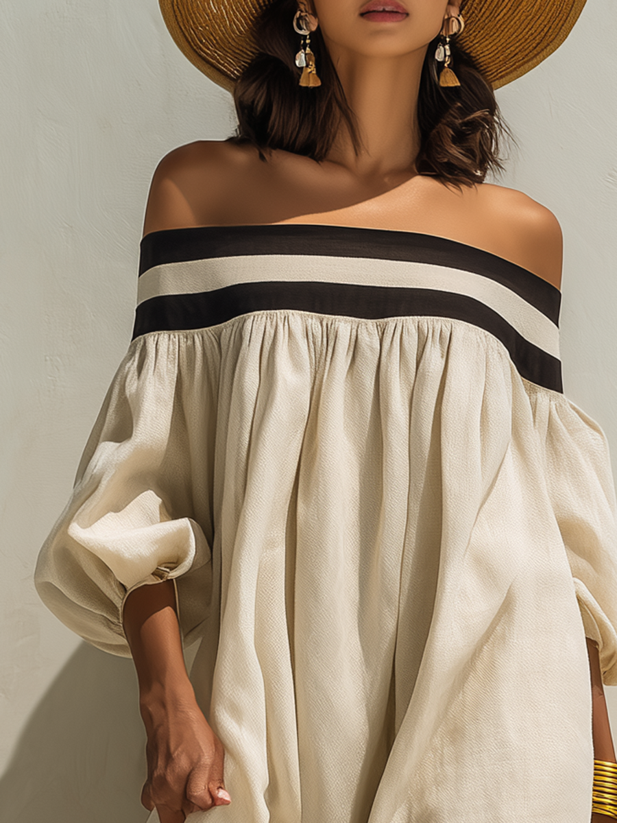 Ava | Linen Off-Shoulder Balloon Sleeve Maxi Dress