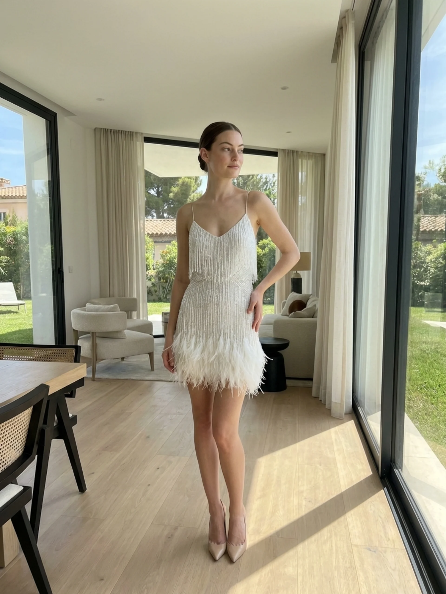CADENCE Women's Fringe Feather Mini Dress