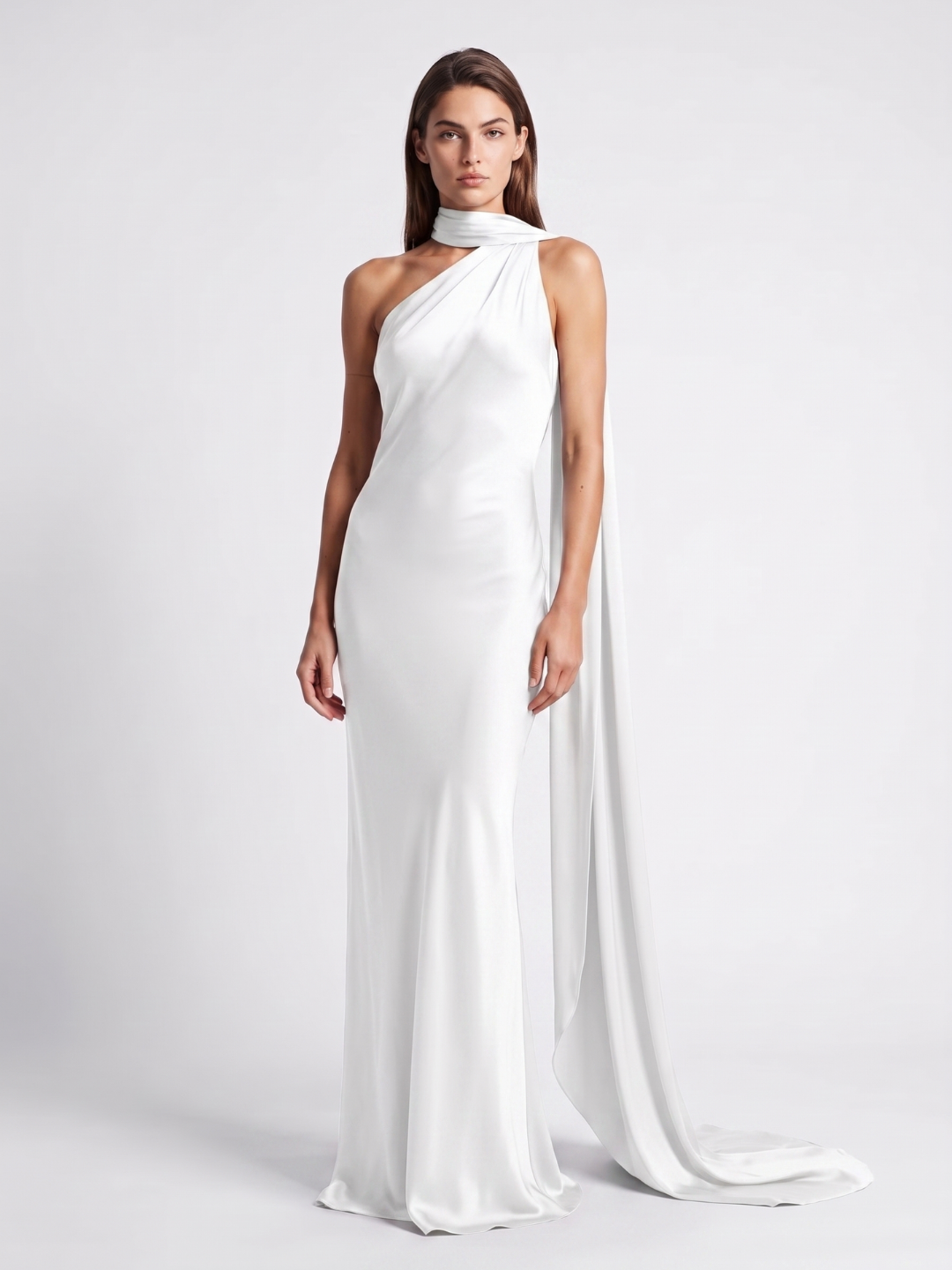 Willa | Scarf Halter One Shoulder Satin Maxi Dress