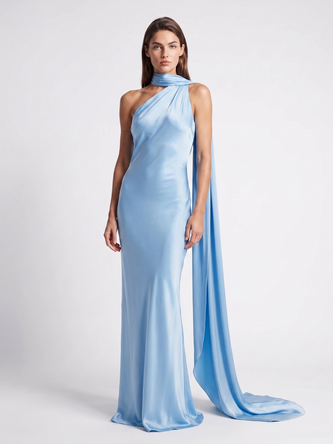 Willa | Scarf Halter One Shoulder Satin Maxi Dress