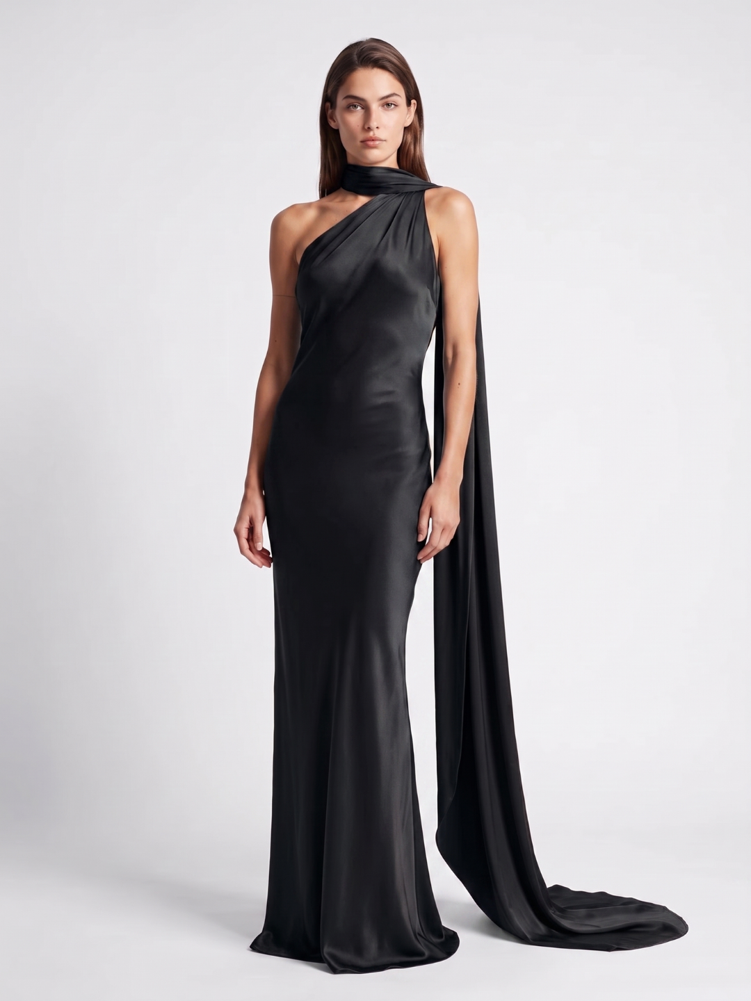 Willa | Scarf Halter One Shoulder Satin Maxi Dress