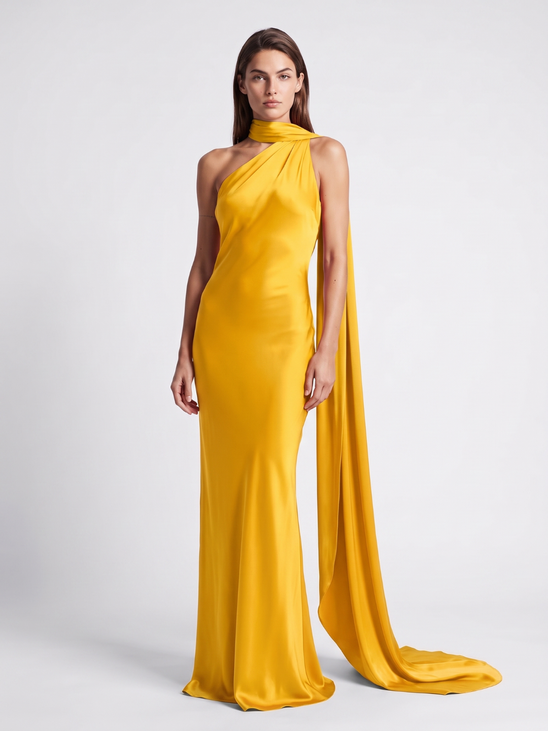 Willa | Scarf Halter One Shoulder Satin Maxi Dress