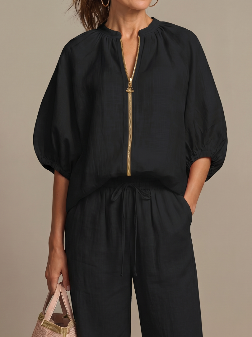Marlene | Linen Zip-Front Balloon-Sleeve Co-ord Set