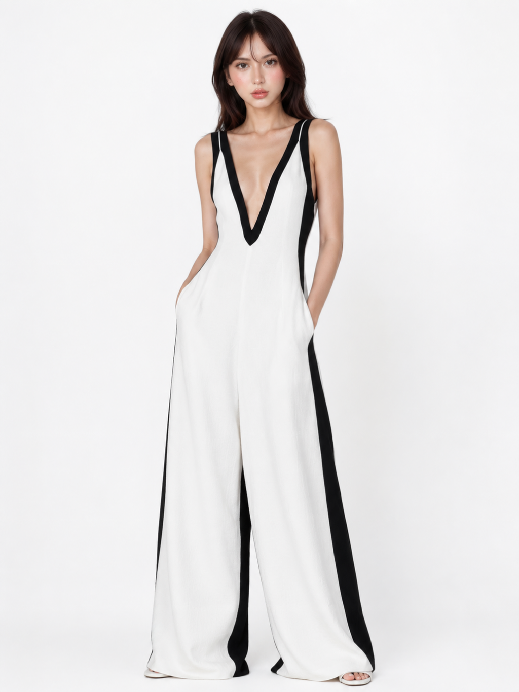 XIMENA Women's Contrast-Trim Deep V-Neck Wide-Leg Jumpsuit