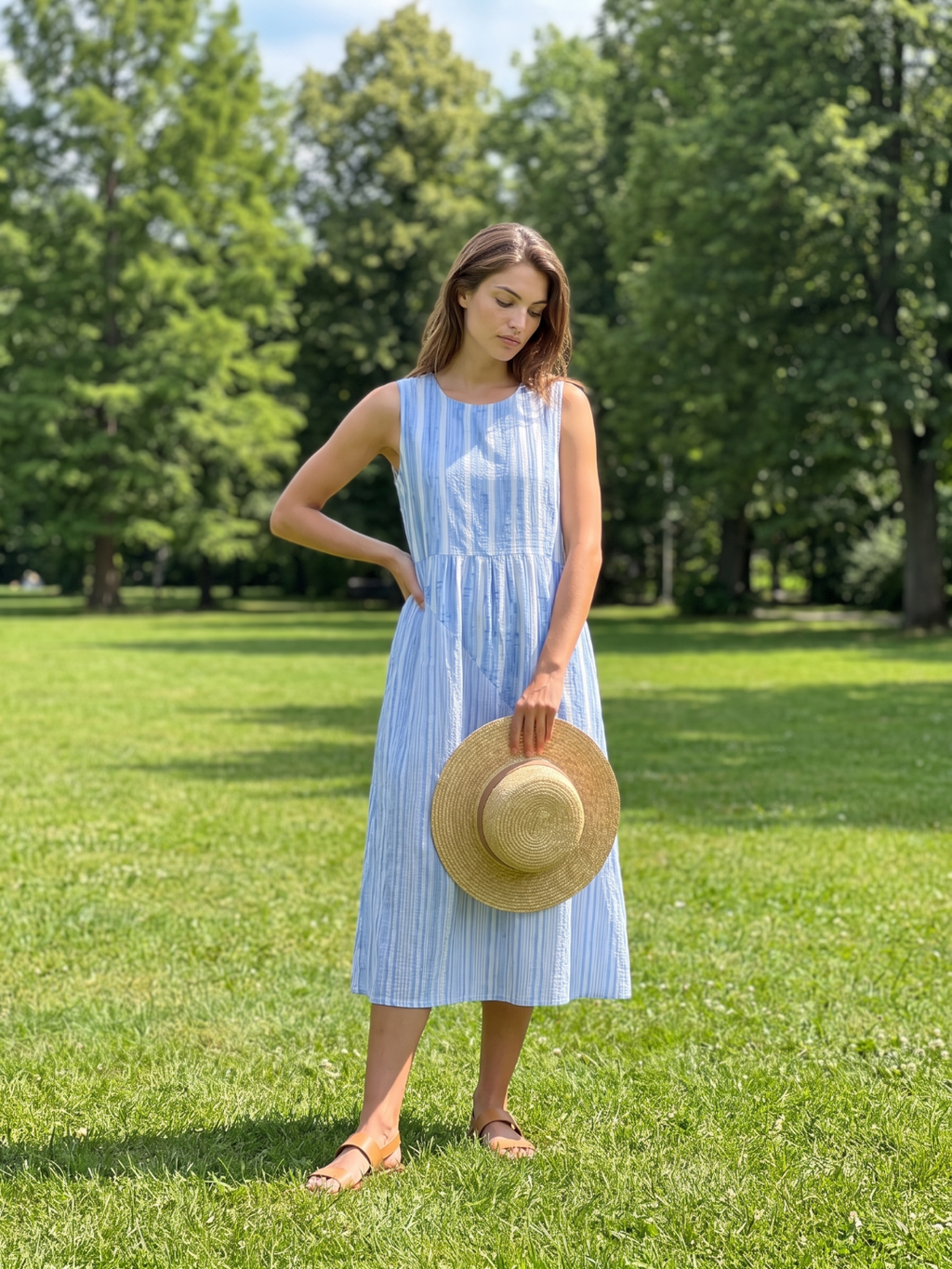 Addison | Striped Round Neck A-Line Midi Dress